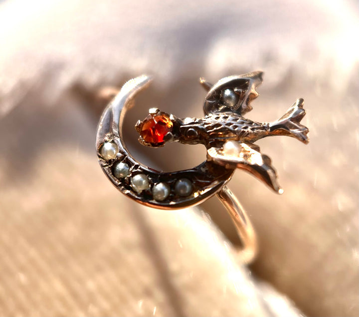 Victorian Swallow and Moon Ring in 14k Yellow Gold