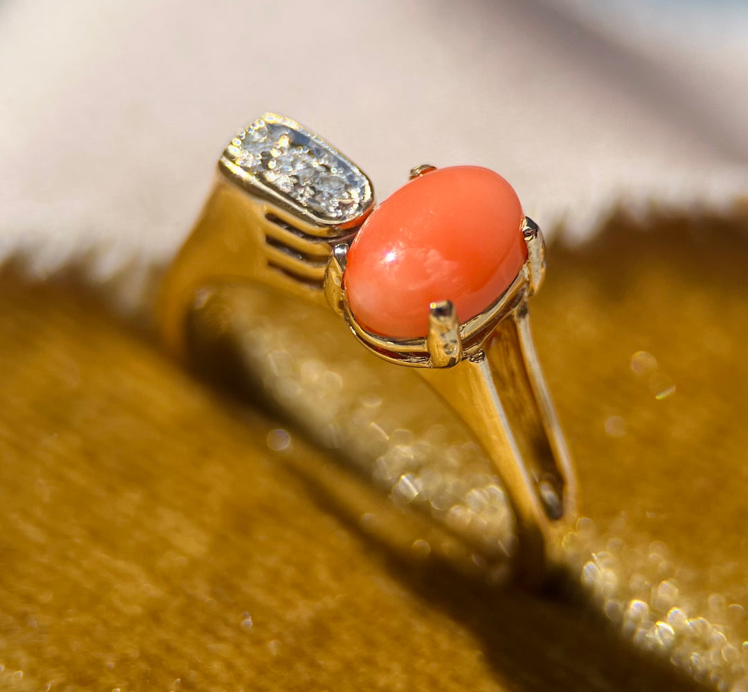 Coral and Diamond Ring in 14k Yellow Gold