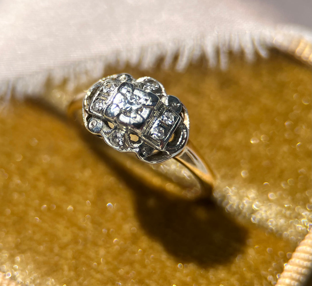 Late Art Deco Designer Diamond Ring in Palladium and 14k Yellow Gold