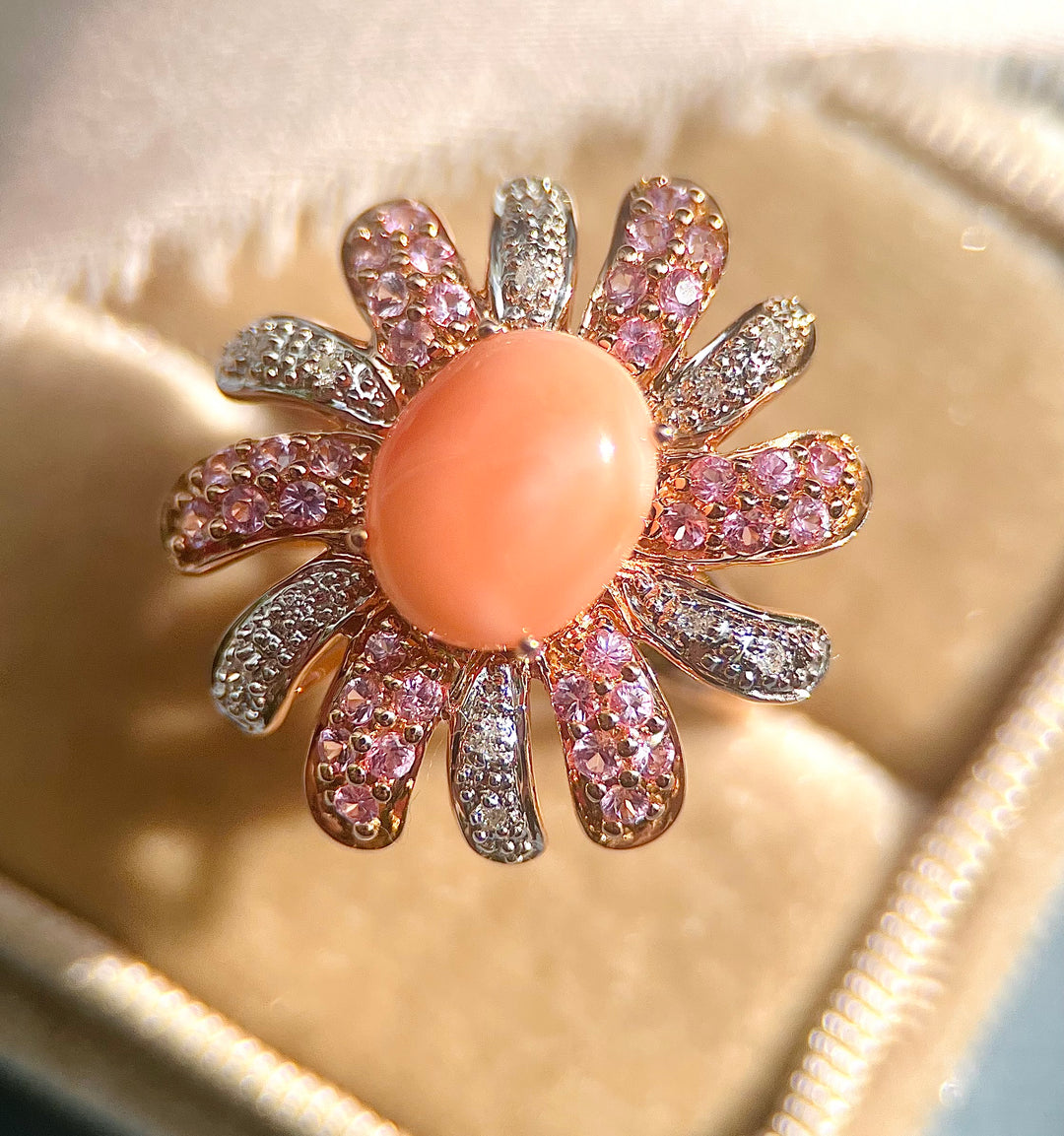 Coral, Pink Spinel, and Diamond Flower Cocktail Ring in 14k Rose Gold