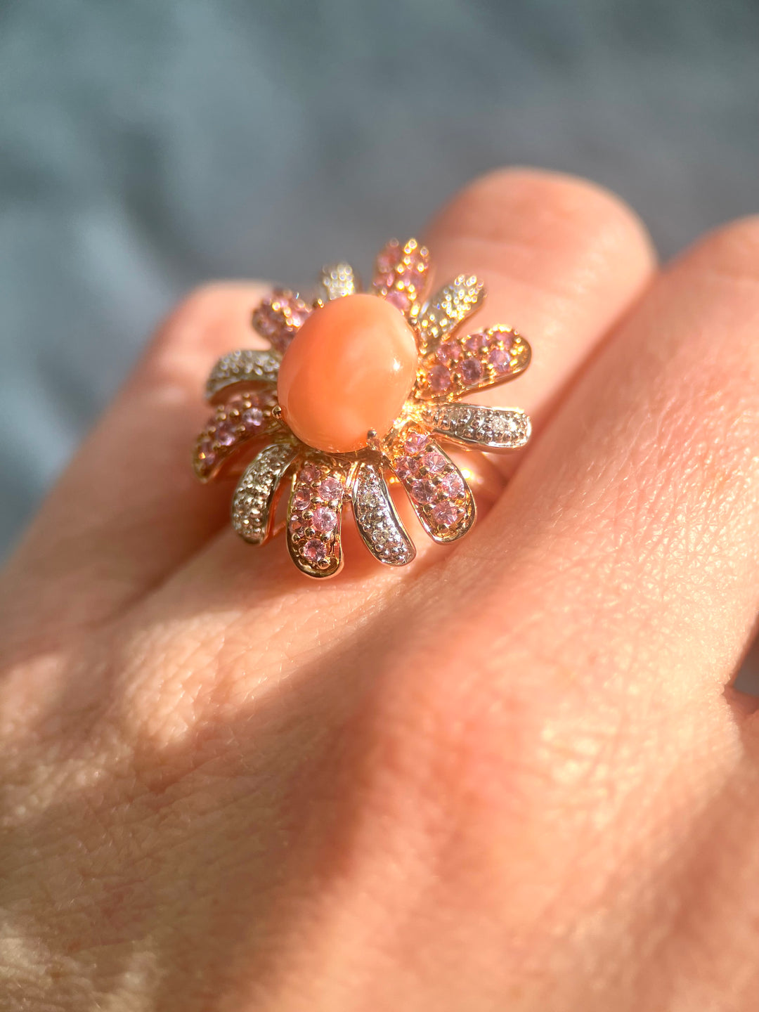 Coral, Pink Spinel, and Diamond Flower Cocktail Ring in 14k Rose Gold
