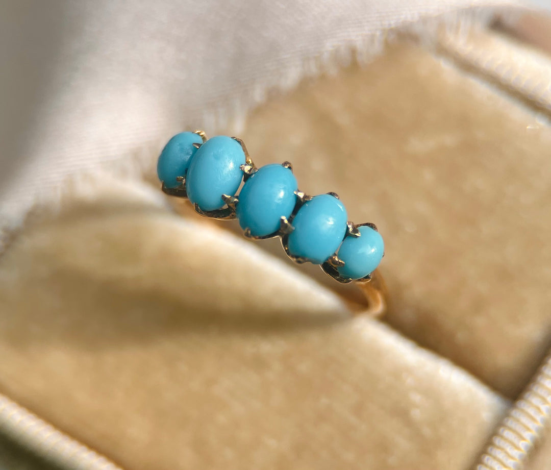 Victorian 5 Stone Turquoise Ring in Warm 10k Yellow Gold