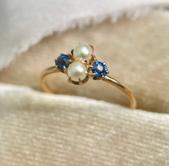 Art Deco Sapphire and Pearl Ring in 14k Yellow Gold