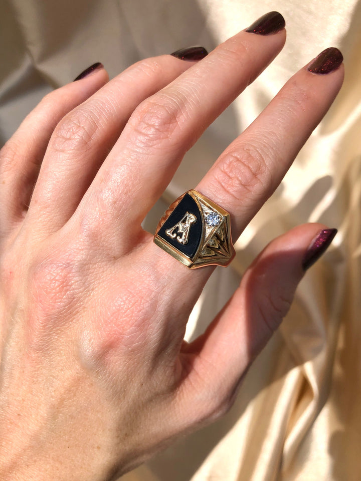 1950's Vintage "A" Signet Ring with Onyx in Solid Heavy Yellow Gold