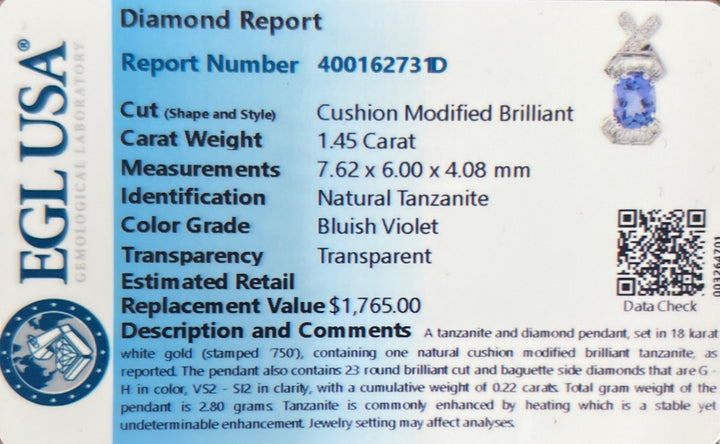 High Quality Estate 1.67tcw Natural Tanzanite and Diamond 18k Pendant