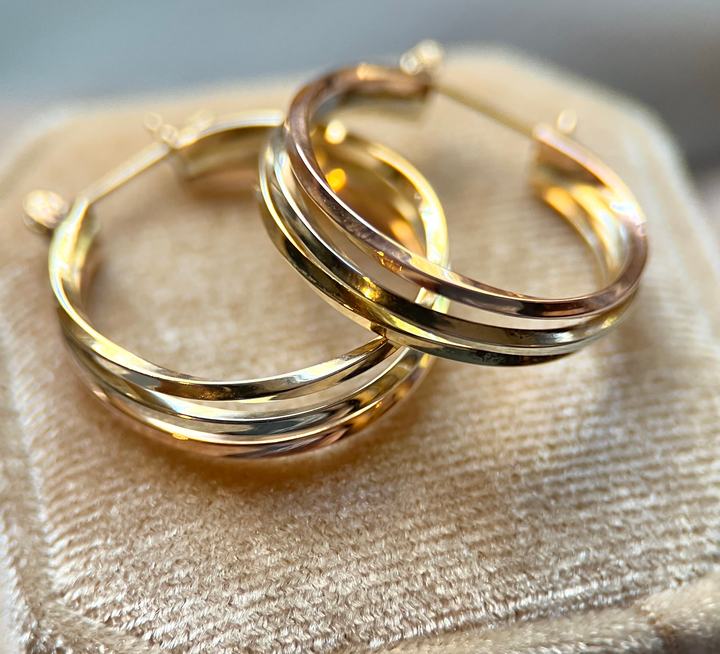 Tri-Color Rose, White, and Yellow Gold Hoops in 14k Yellow Gold