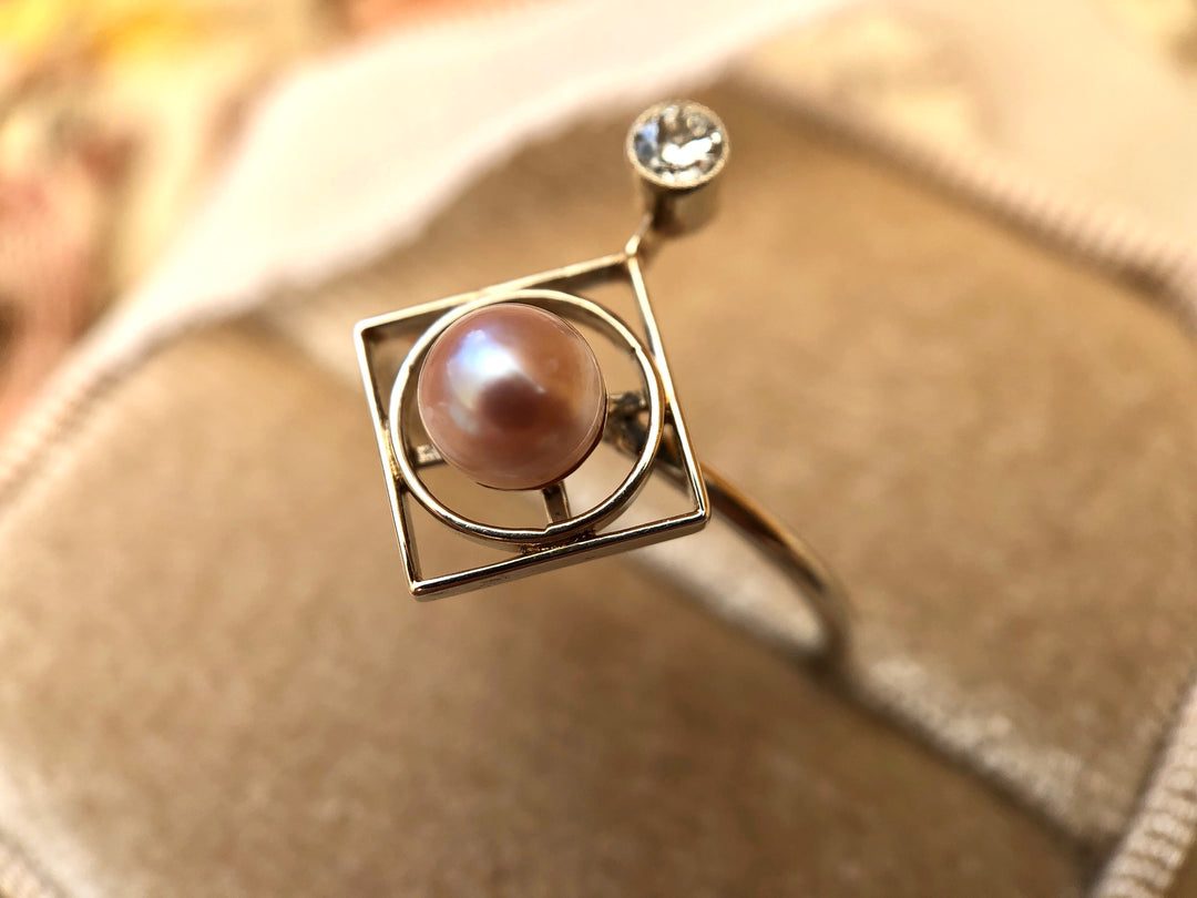 Art Deco Pink Pearl & Diamond Conversion Ring in 14k White Gold