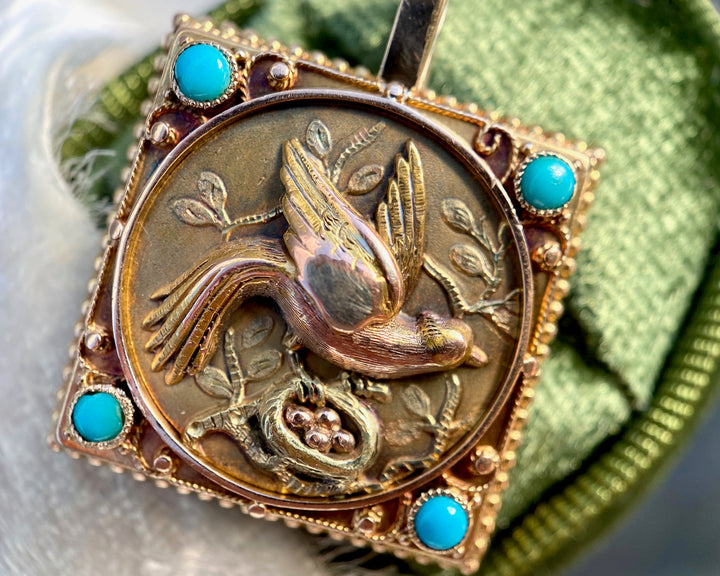 Victorian Swallow Returning to Nest Turquoise Pendant in 14k Gold