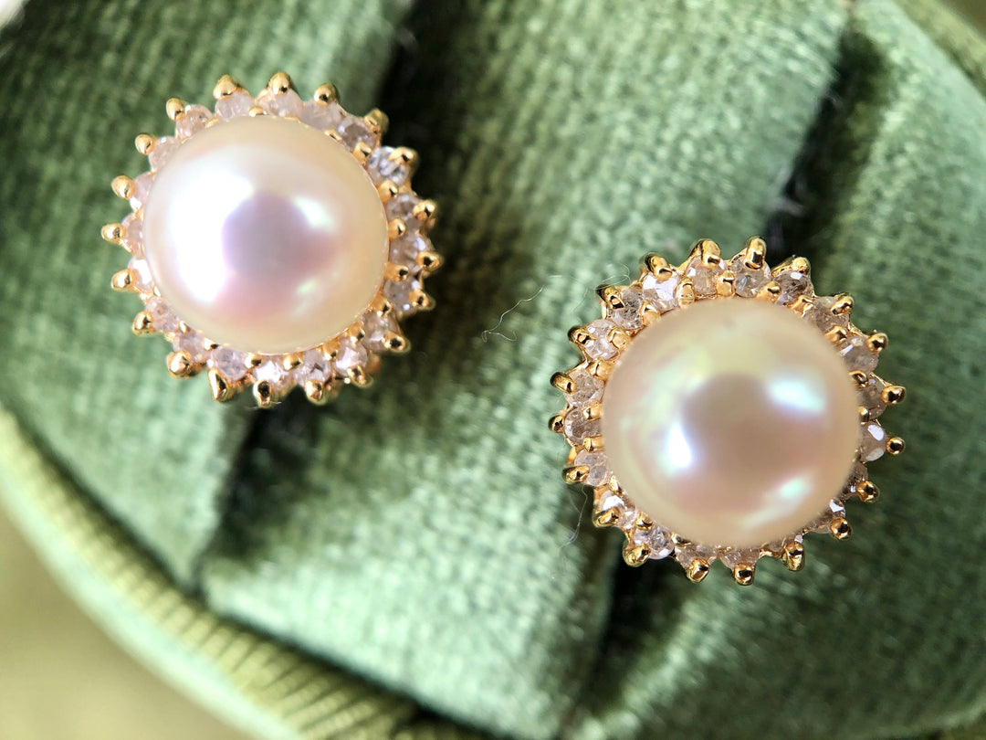 Ballroom Couture Pearl & Diamond Halo Earrings in 14k Yellow Gold