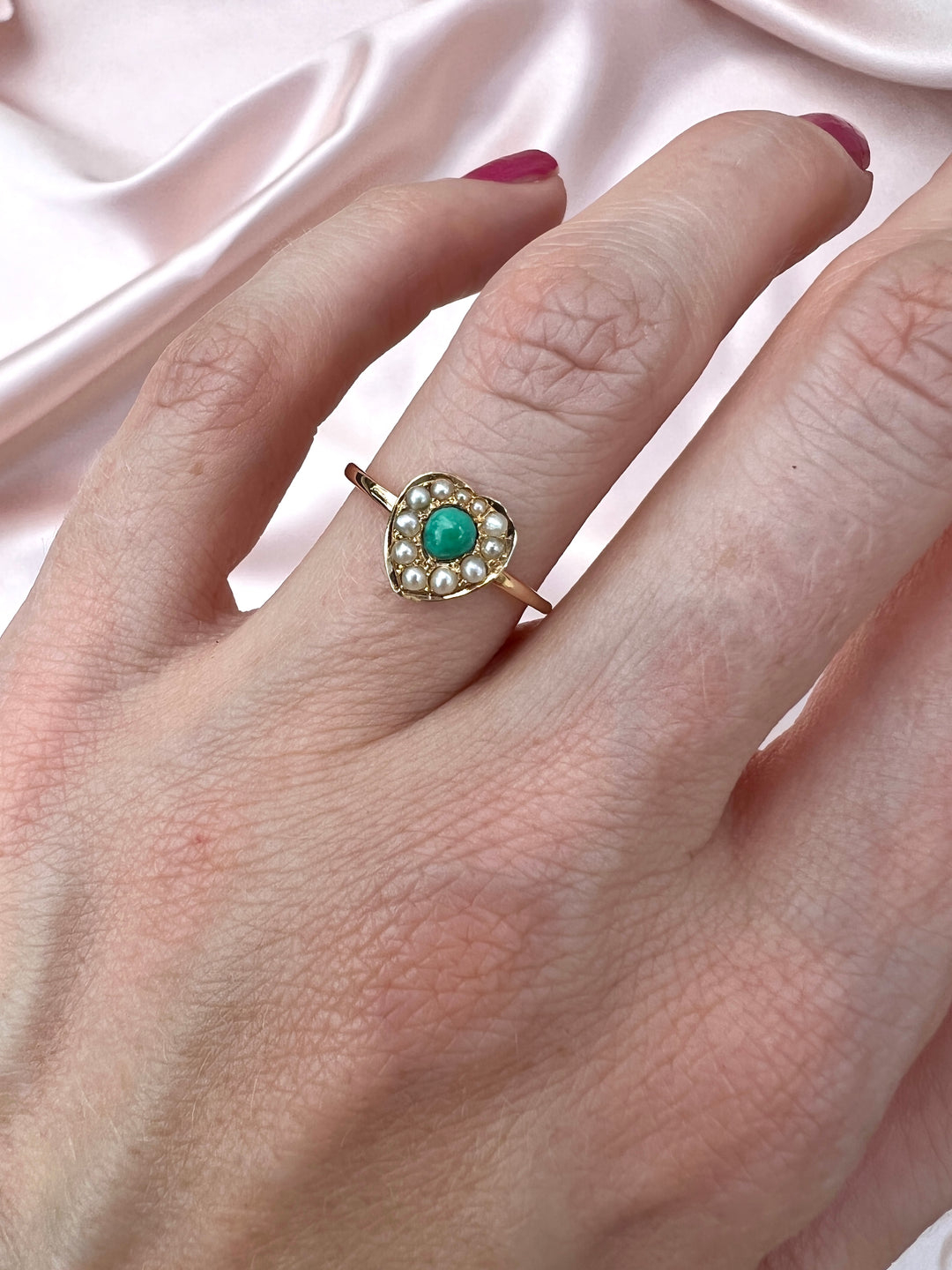 Victorian Turquoise and Split Pearl Heart Ring in 14k Yellow Gold