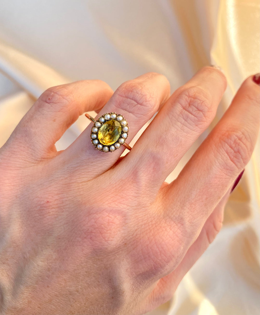 Early Victorian Yellow Paste and Pearl Halo Ring