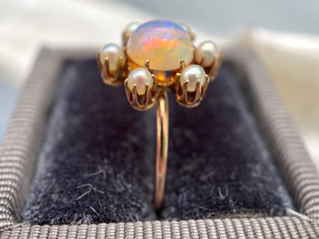 Victorian Opal and Pearl Ring in 14k Yellow Gold