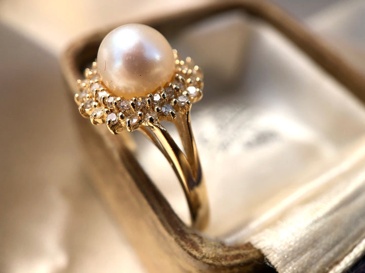 Ballroom Couture Pearl Ring with Diamond Halo in 14k Yellow Gold
