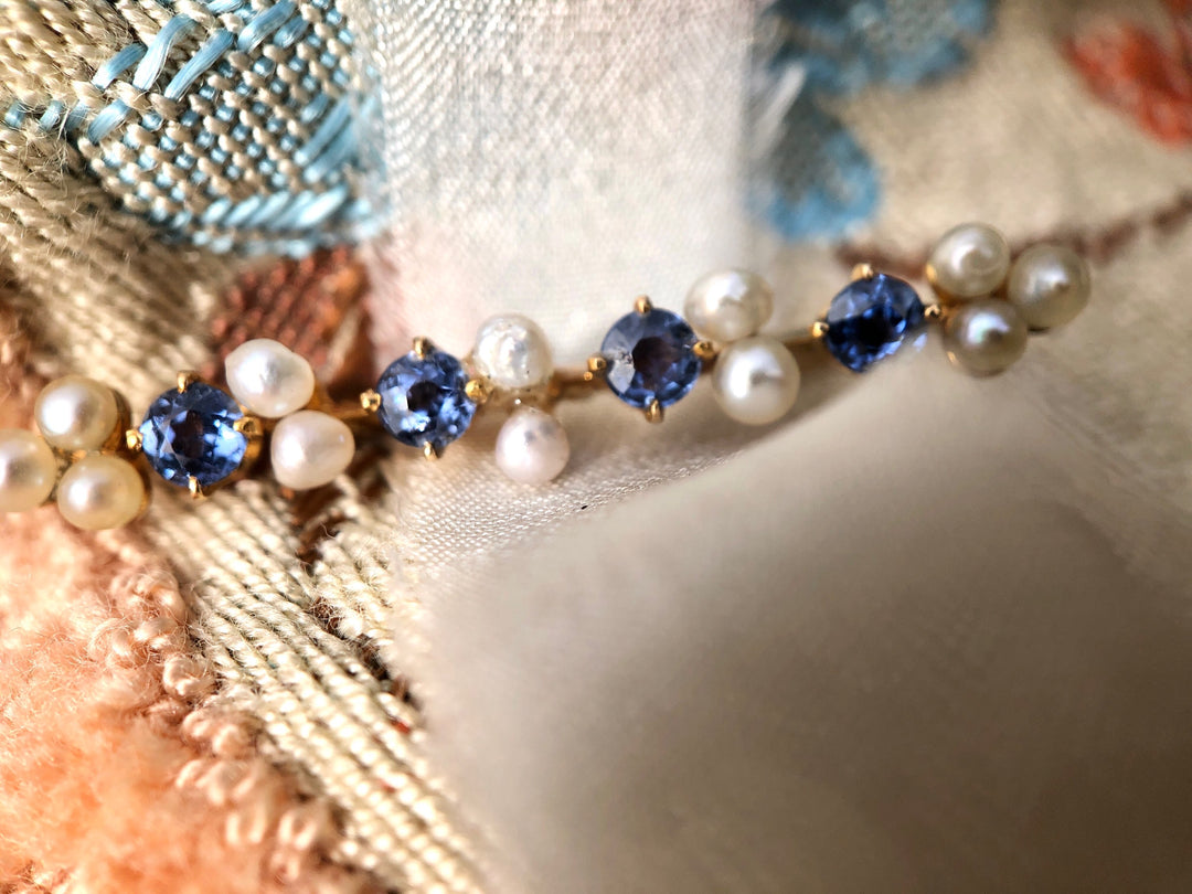 Antique Cornflower Blue Sapphire & Pearl Pendant 14k Gold
