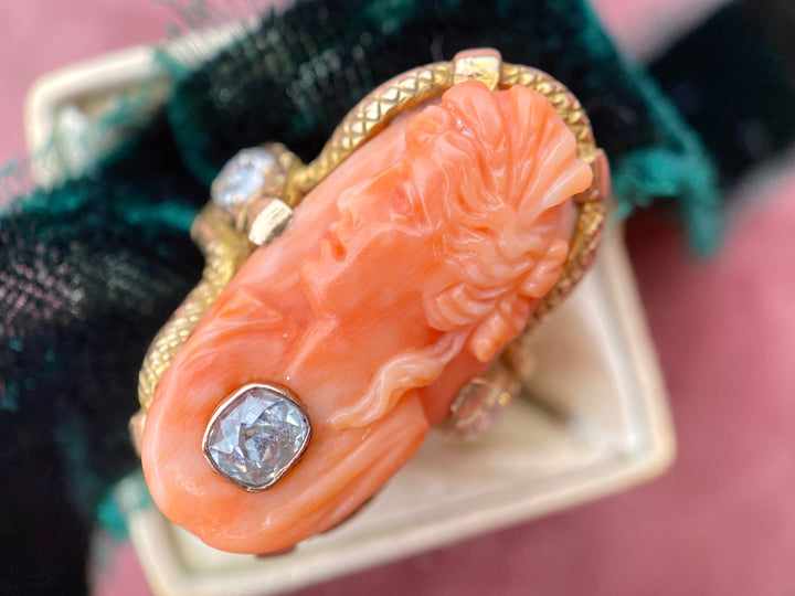Ultimate Victorian Cameo & Snake 14k Ring with 1.00tw of Old Mine Cut Diamonds
