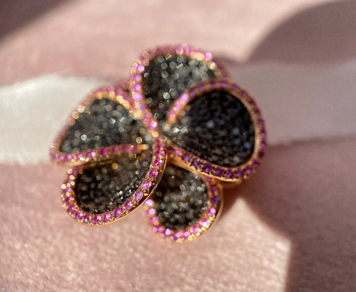 Unique! 2.10 tcw Black Diamond and Pink Sapphire Flower Pendant