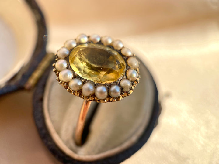Early Victorian Yellow Paste and Pearl Halo Ring
