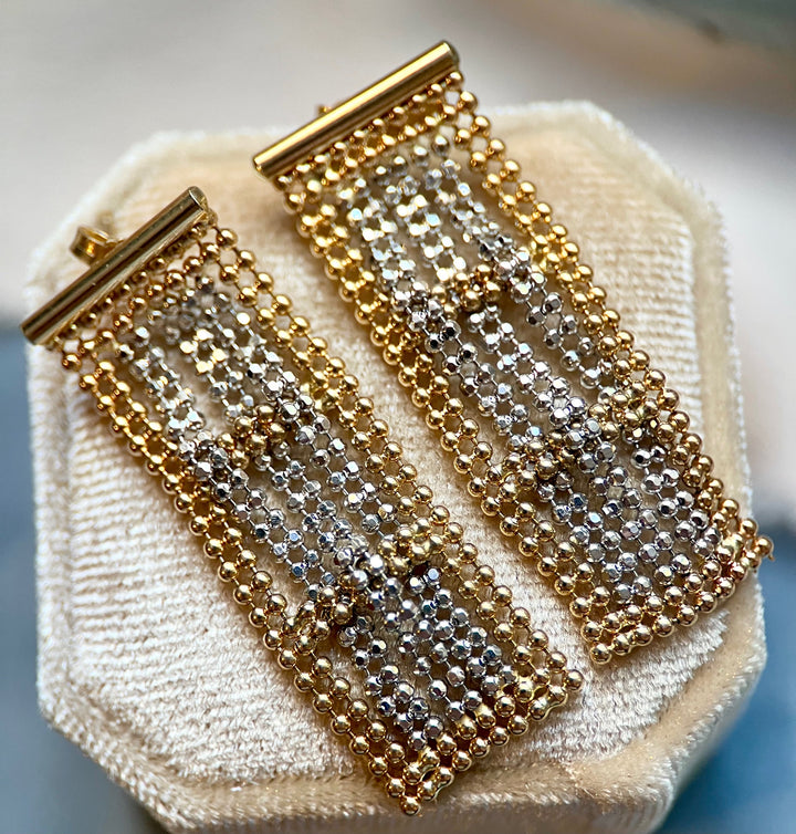 Two-Tone Yellow and White Gold Mesh Weave Earrings