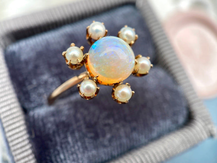 Victorian Opal and Pearl Ring in 14k Yellow Gold