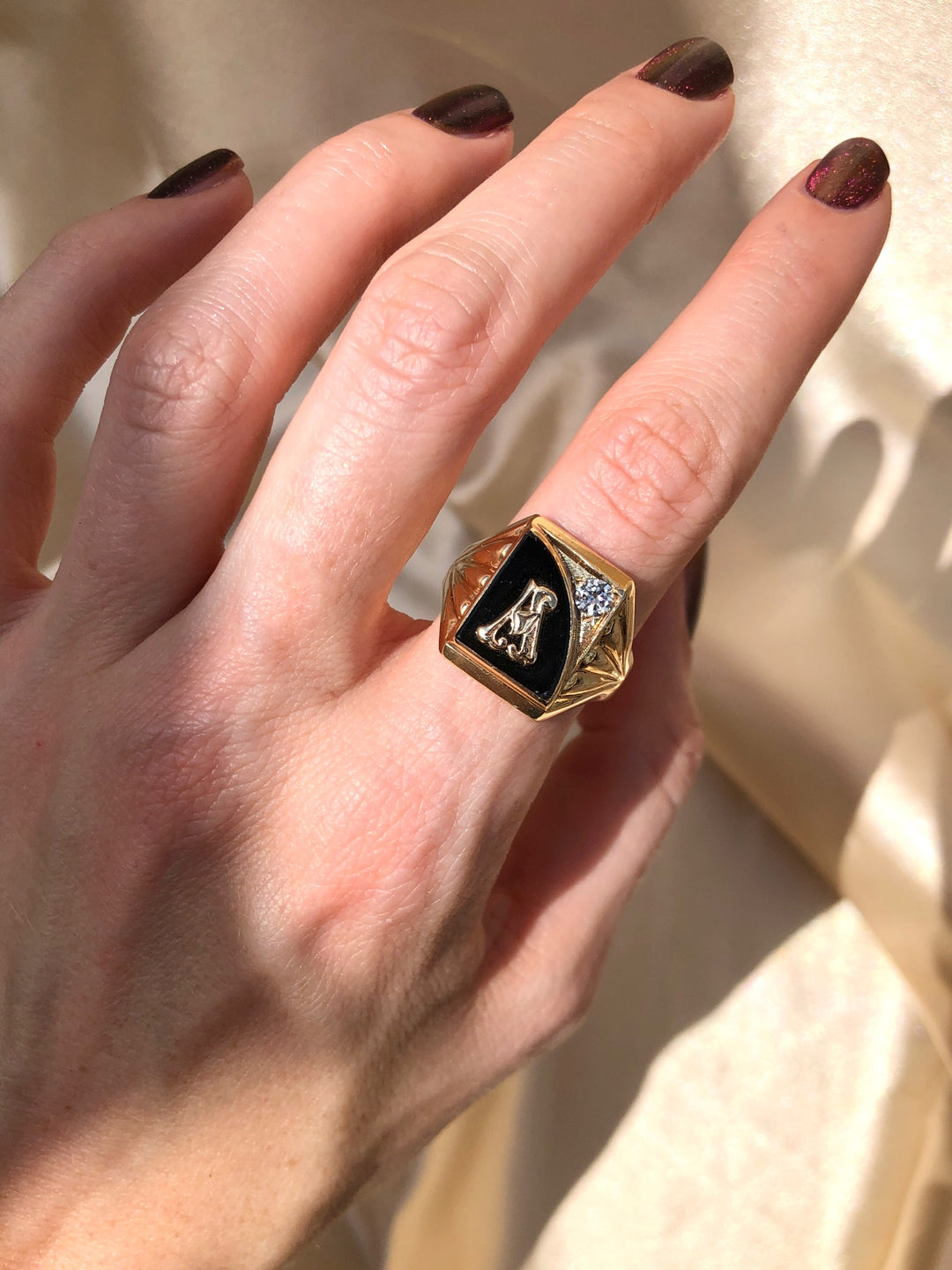 1950's Vintage "A" Signet Ring with Onyx in Solid Heavy Yellow Gold