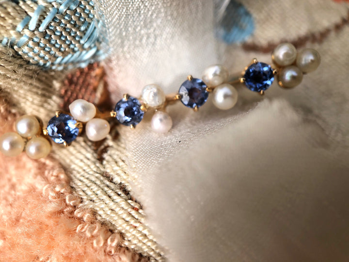 Antique Cornflower Blue Sapphire & Pearl Pendant 14k Gold