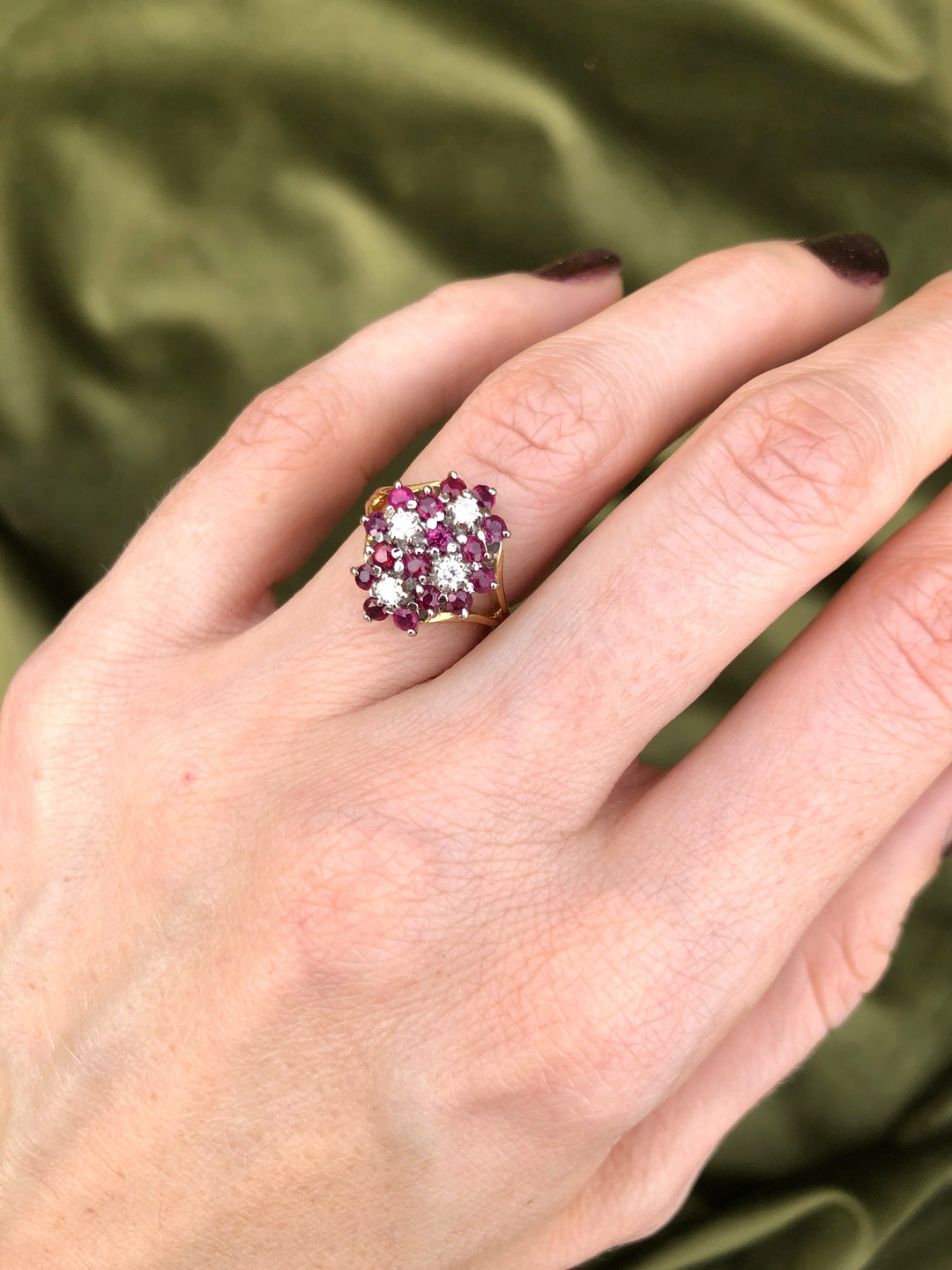 Bouquet of Flowers Natural Ruby & Diamond Ring in 14k Gold