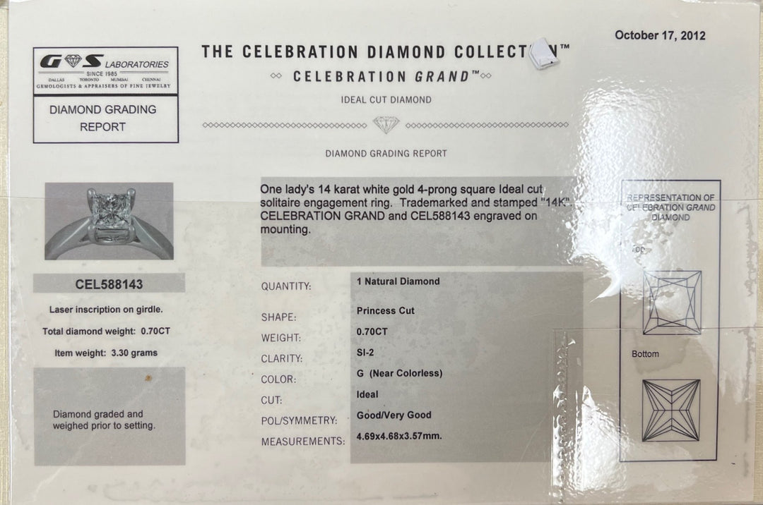 Celebration Grand Ideal Cut .70 Carat Princess Cut Diamond Solitaire