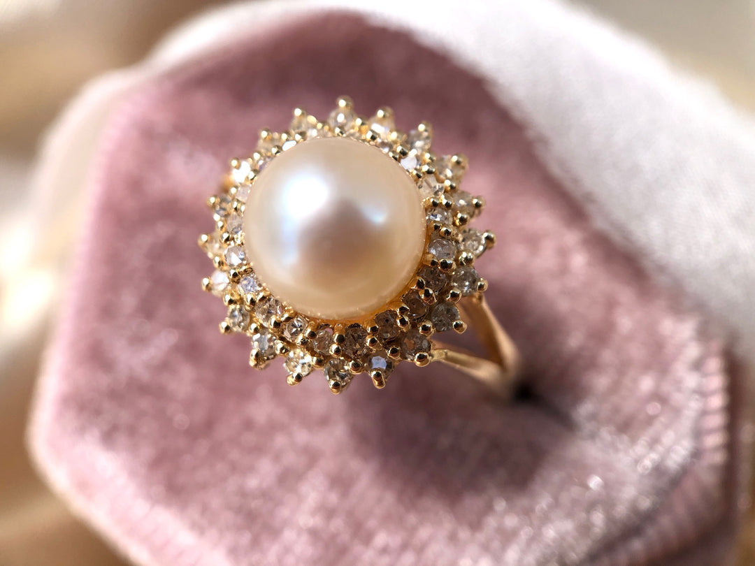 Ballroom Couture Pearl Ring with Diamond Halo in 14k Yellow Gold