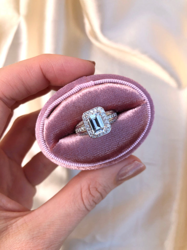 Elegant 2.74tcw Emerald Cut Diamond Halo Engagement Ring in 14k White Gold
