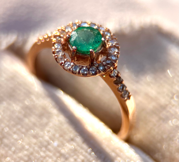 Emerald with Rose Cut Diamond Halo Ring in 14k Rose Gold