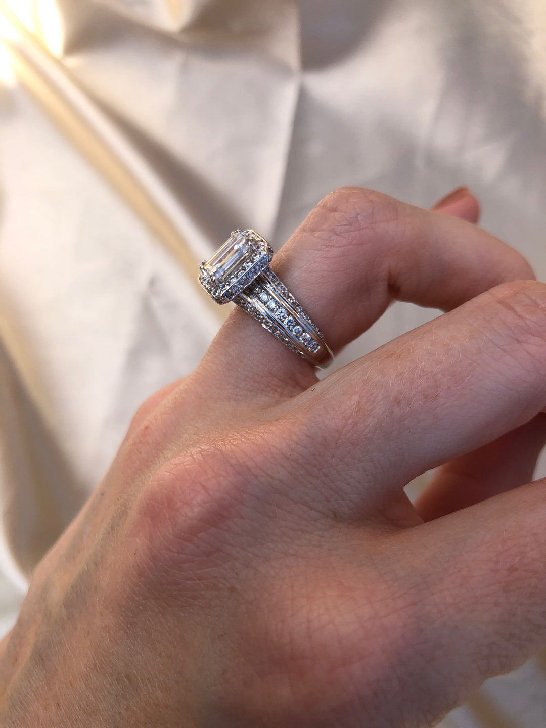 Elegant 2.74tcw Emerald Cut Diamond Halo Engagement Ring in 14k White Gold