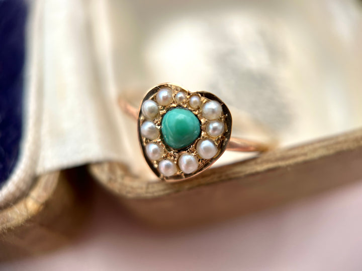 Victorian Turquoise and Split Pearl Heart Ring in 14k Yellow Gold