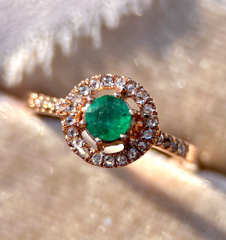 Emerald with Rose Cut Diamond Halo Ring in 14k Rose Gold