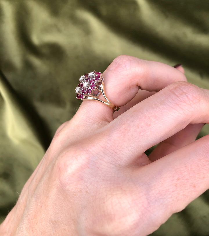 Bouquet of Flowers Natural Ruby & Diamond Ring in 14k Gold