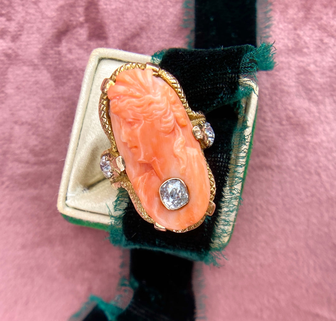 Ultimate Victorian Cameo & Snake 14k Ring with 1.00tw of Old Mine Cut Diamonds
