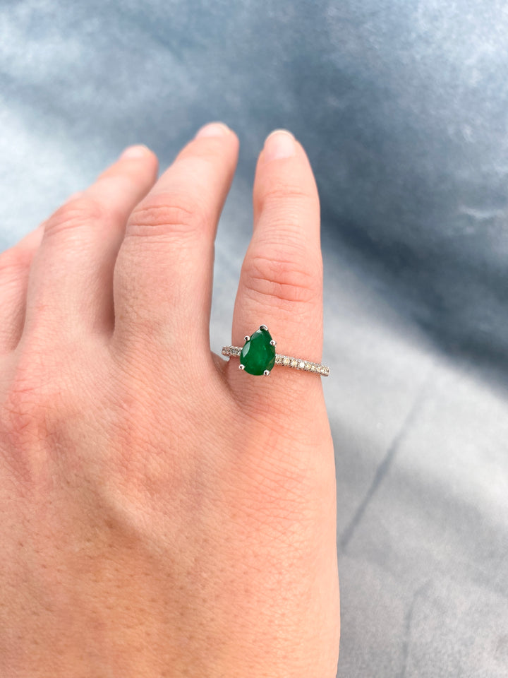 Perfect Pear Emerald and Diamond Ring in 14k White Gold