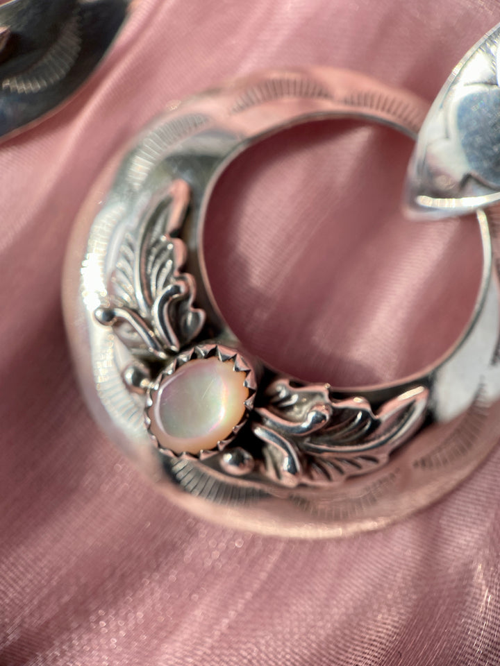 Vintage Signed Native American Navajo Pink Mother of Pearl Earrings in Sterling Silver