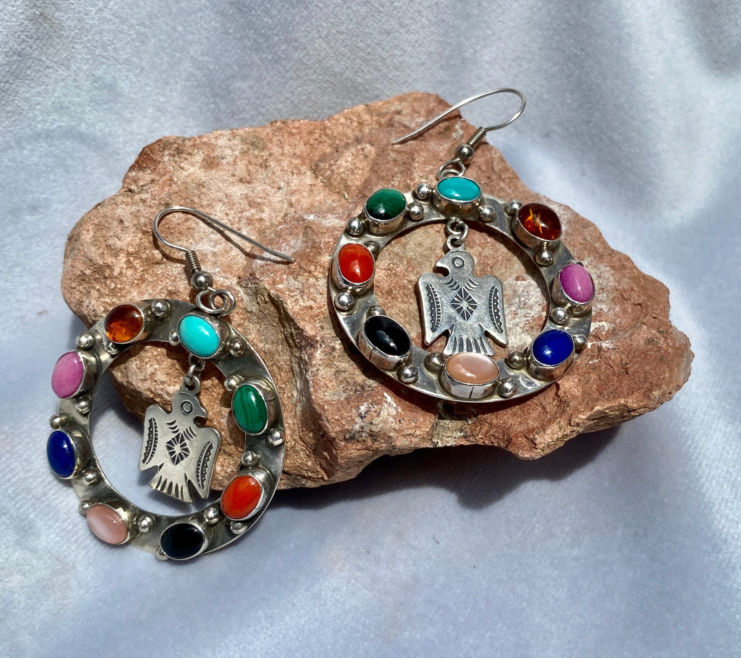 Vintage Signed Native American Multi-Gemstone Earrings including Amber, Turquoise, Onyx, Malachite, and more in Sterling Silver