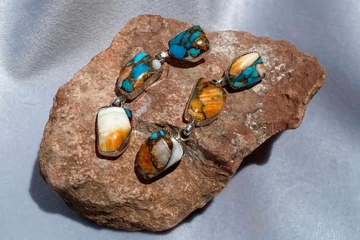 Vintage Native American Running Bear Trading Gallup Spiny Turquoise Earrings in Sterling Silver