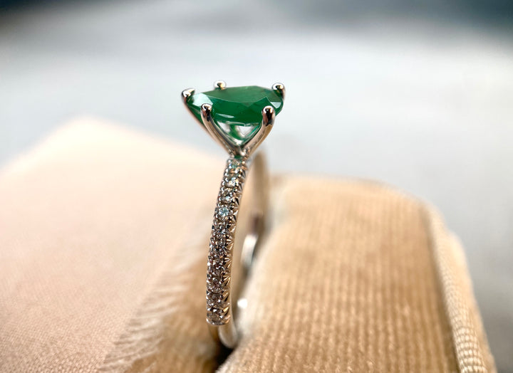 Perfect Pear Emerald and Diamond Ring in 14k White Gold