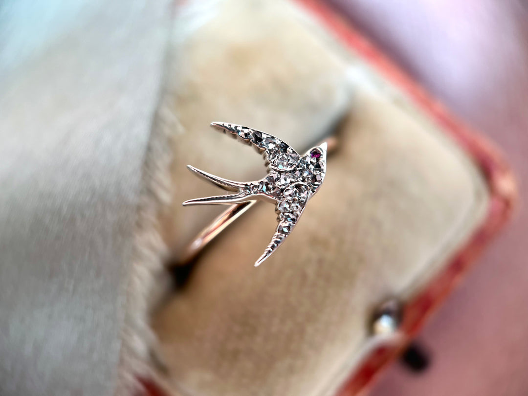 c.1900 Victorian Antique Swallow Old Cut Diamond Ring in 14k Gold