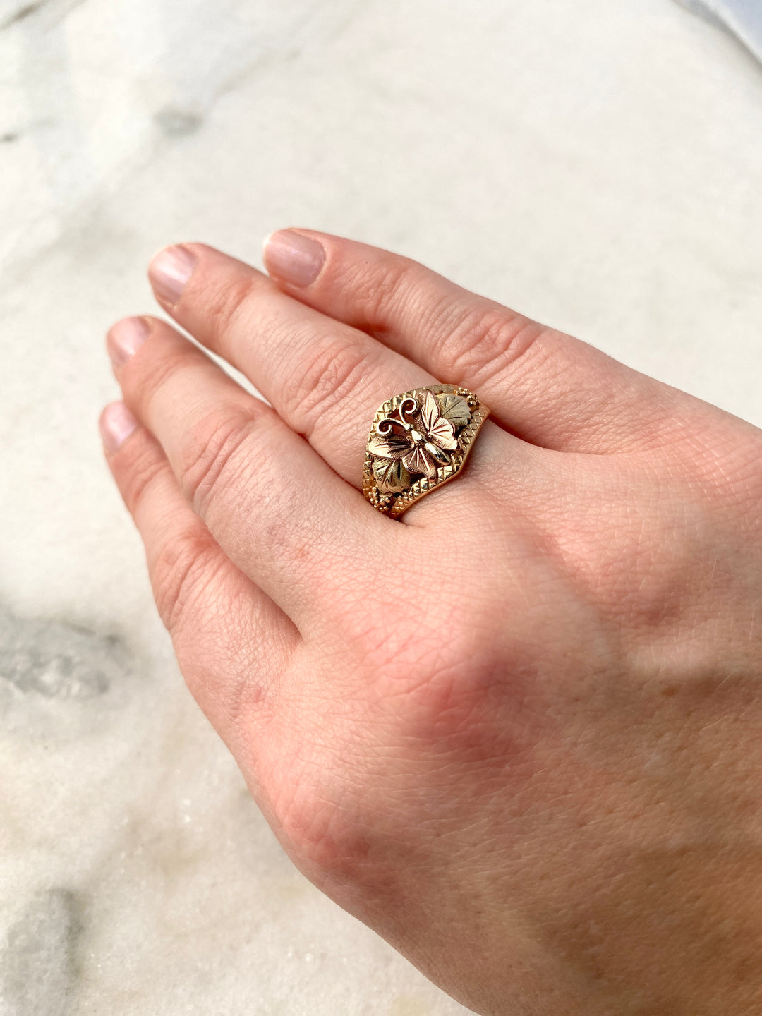 Flutter Yellow, Pink and Green Gold Butterfly Ring