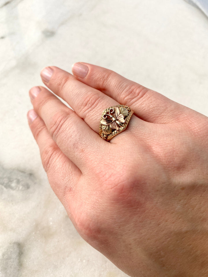 Flutter Yellow, Pink and Green Gold Butterfly Ring