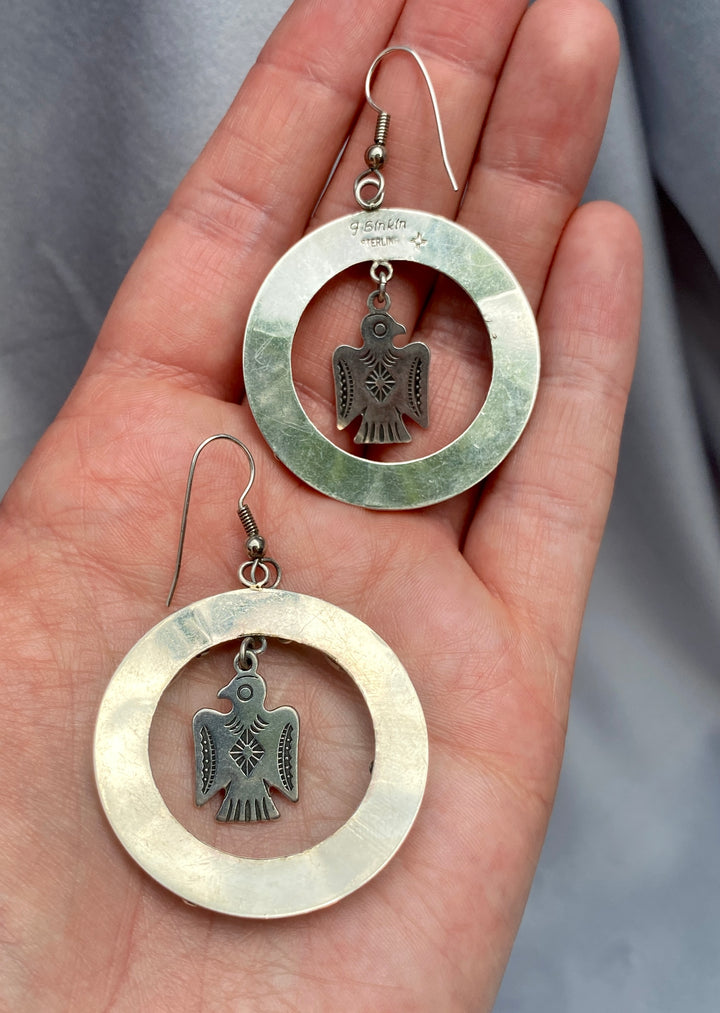 Vintage Signed Native American Multi-Gemstone Earrings including Amber, Turquoise, Onyx, Malachite, and more in Sterling Silver
