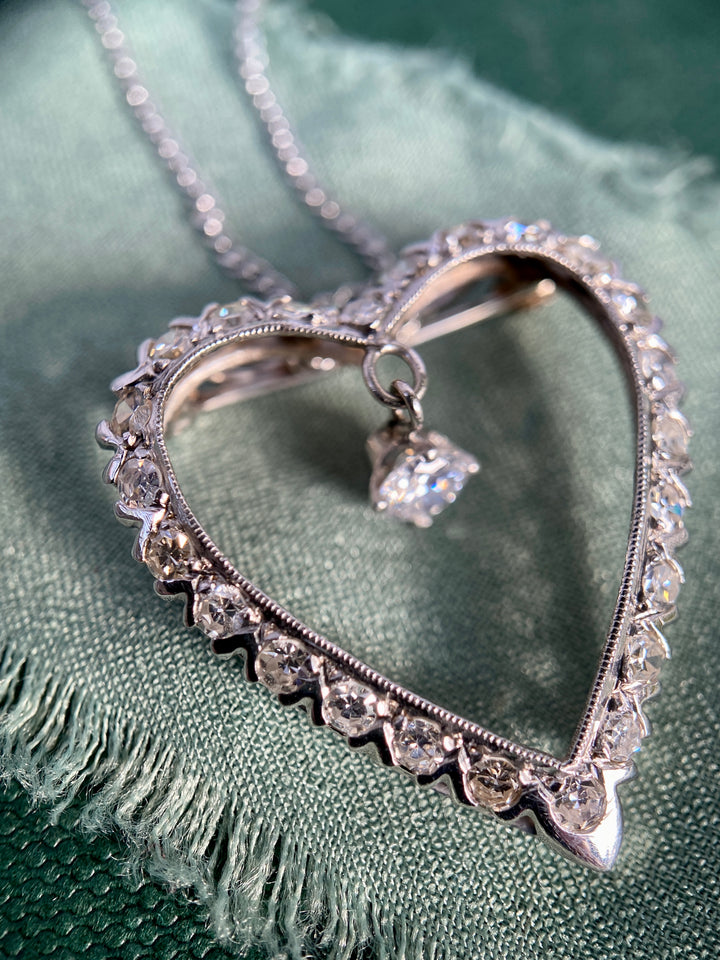 1950's Vintage Sweetheart .97tw Diamond Necklace Brooch