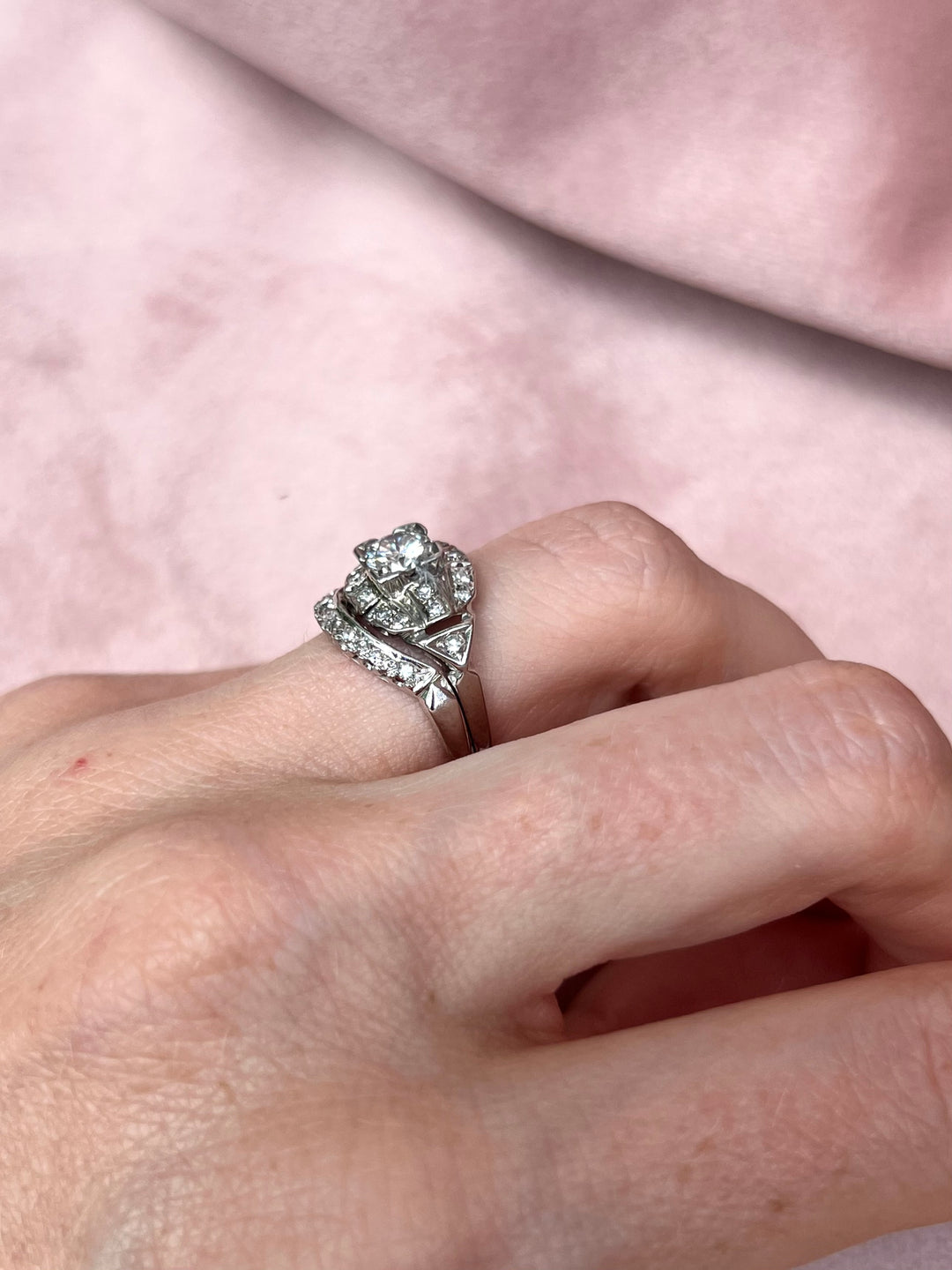 Exquisite 1950’s Vintage Diamond Wedding Set with Curved Band in 14k White Gold