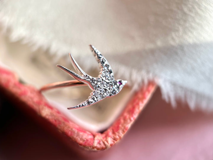 c.1900 Victorian Antique Swallow Old Cut Diamond Ring in 14k Gold