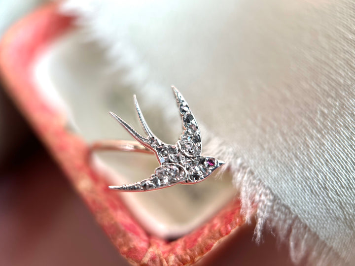 c.1900 Victorian Antique Swallow Old Cut Diamond Ring in 14k Gold