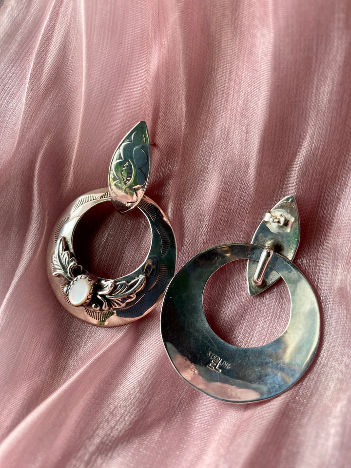 Vintage Signed Native American Navajo Pink Mother of Pearl Earrings in Sterling Silver