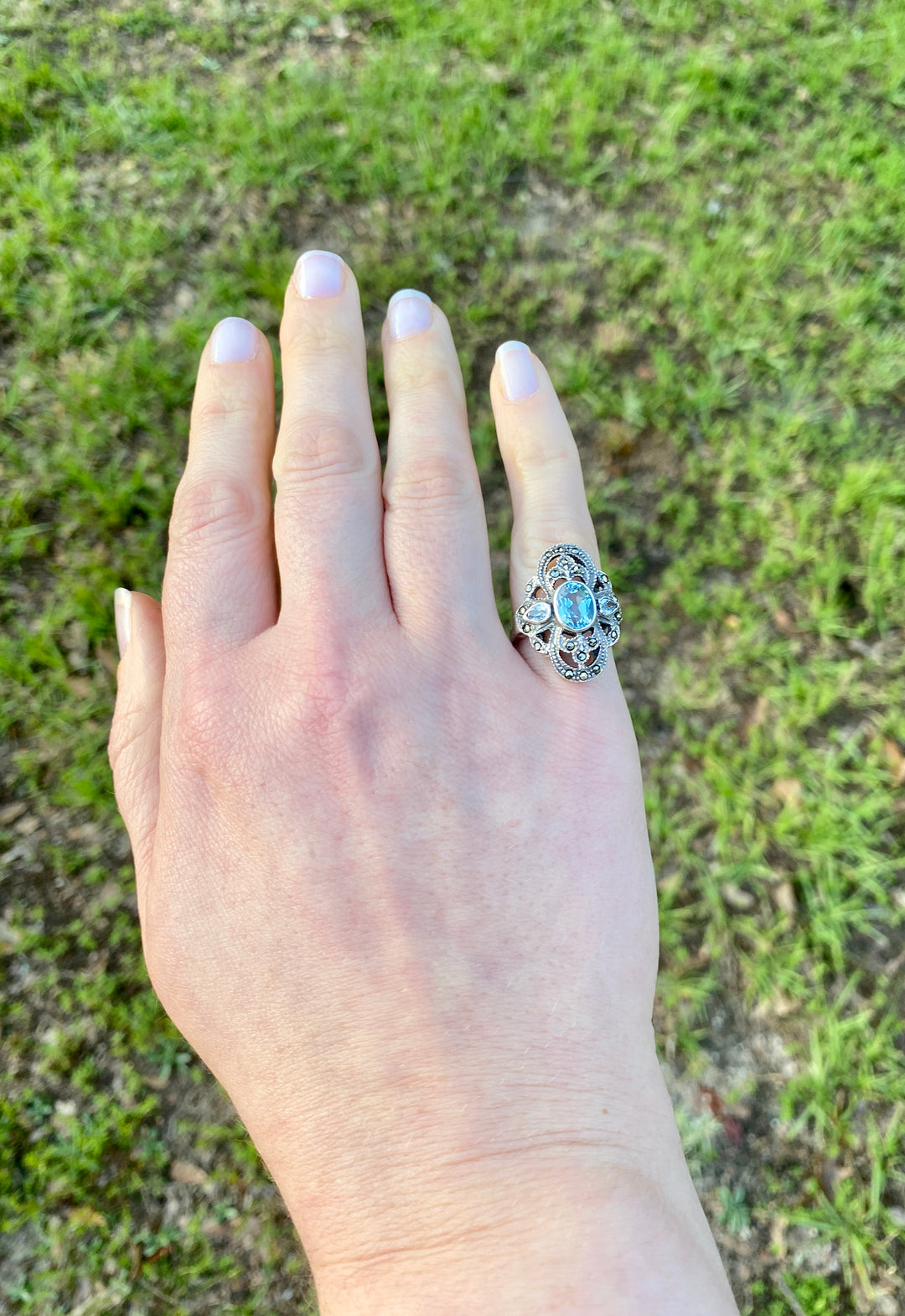 Vintage Blue Topaz & Marcasite Ring in Sterling Silver Size 5.5